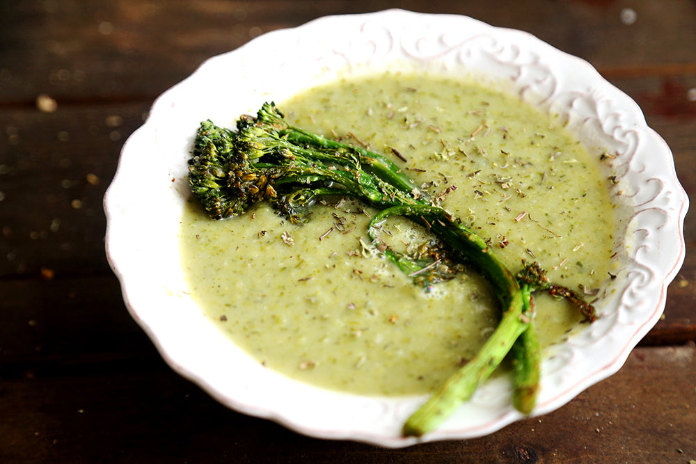 Broccolini Onion and Potato Soup with Roasted Broccolini