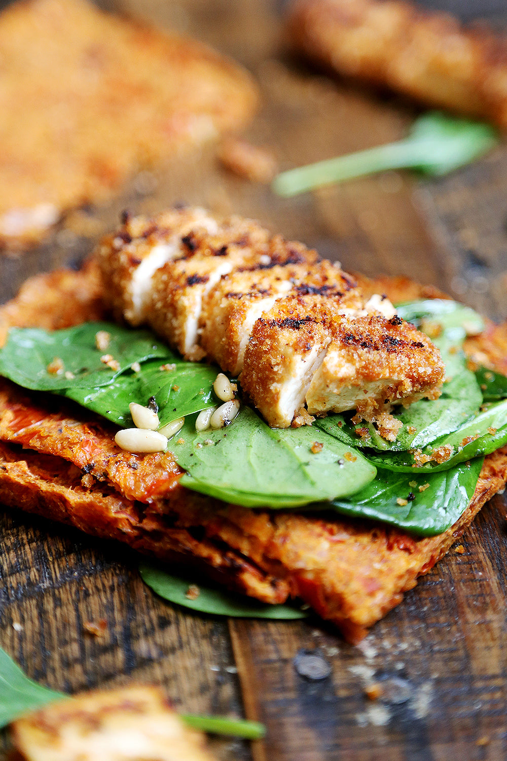 Grilled Breaded Tofu Steaks with Spinach Salad and Tomato Flaxseed Bread
