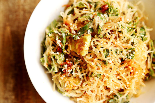 Raw Kelp Noodles with Kale and Garlic Almond Miso Dressing