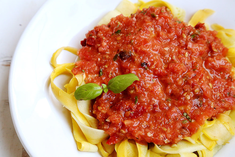 Raw Vegan Marinara Sauce with Yellow Squash Fettuccine